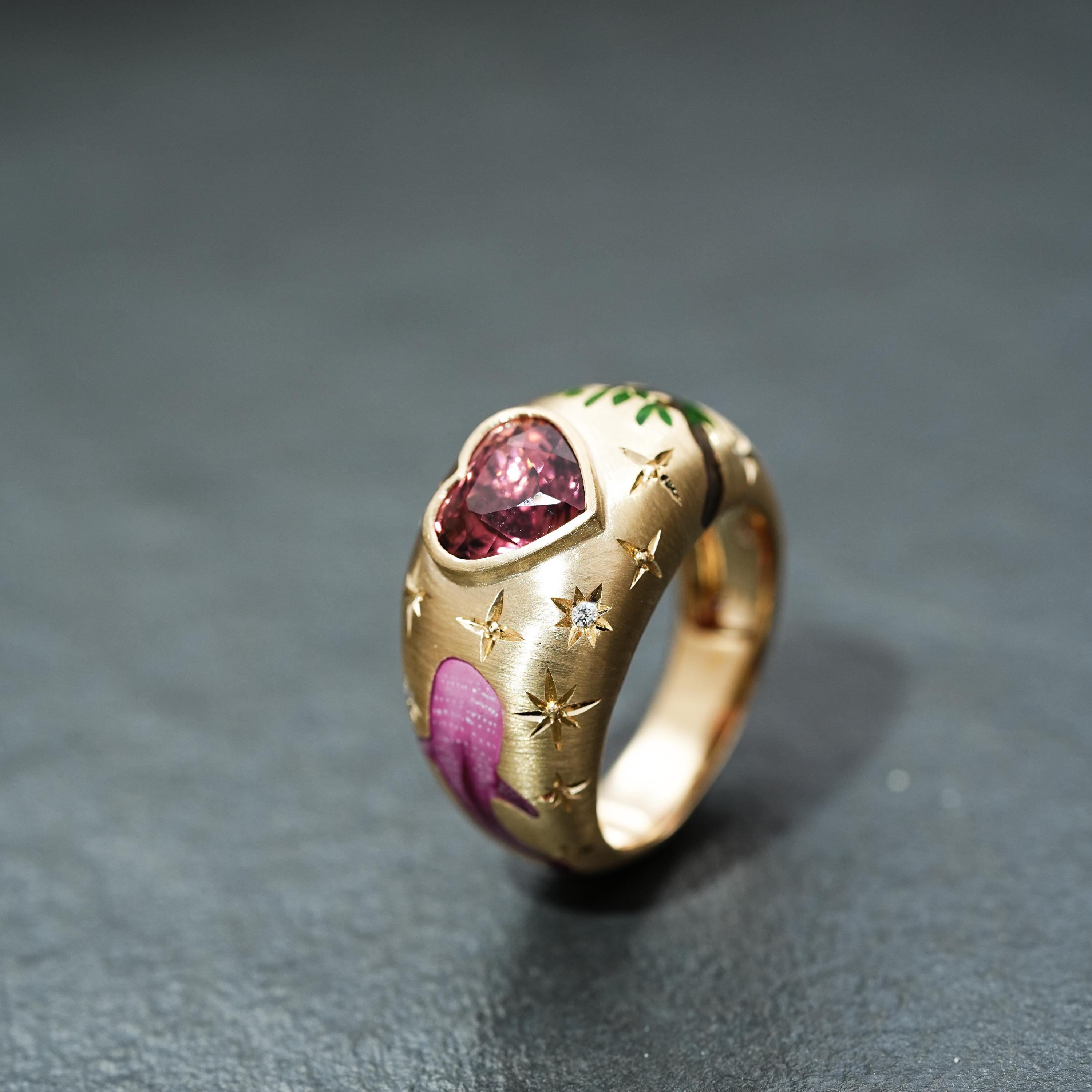 Personalized Heart Ring, Pomegranate Enamel Birthstone Custom Signet Jewelry, Photo Rings For Women, Gift Her