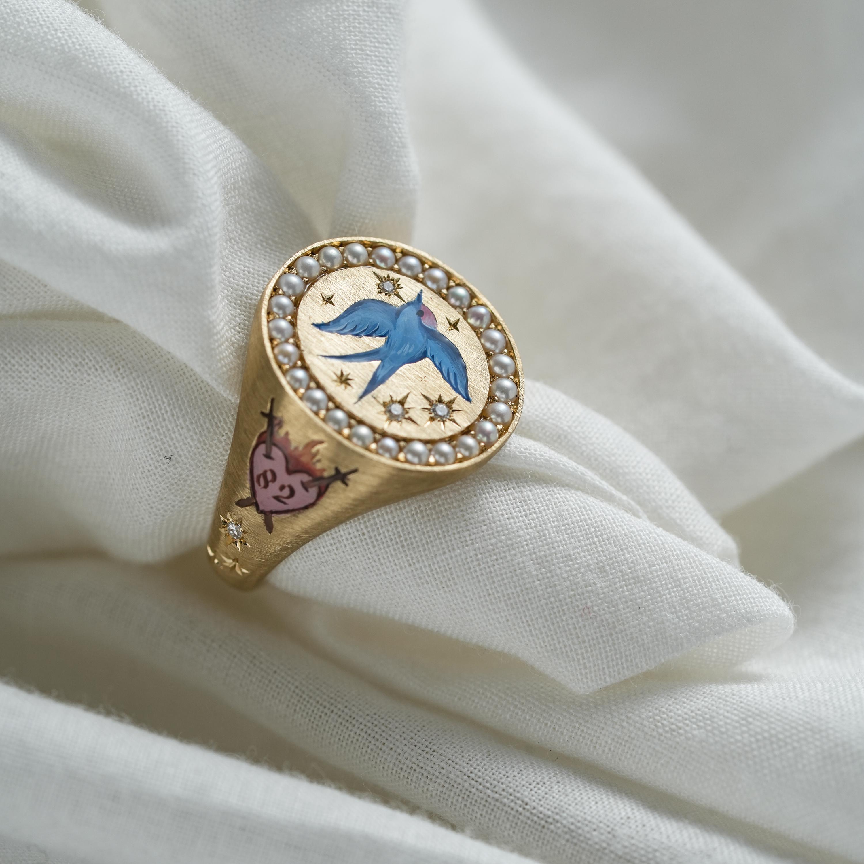 Custom Blue Bird Enamel Ring, Hand Painted Jewelry, Natural Pearl Ring ...