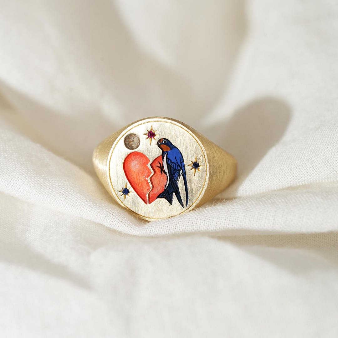 Custom Broken Heart Ring, Vintage Bird Enamel Ring, Hand Painted Ring ...