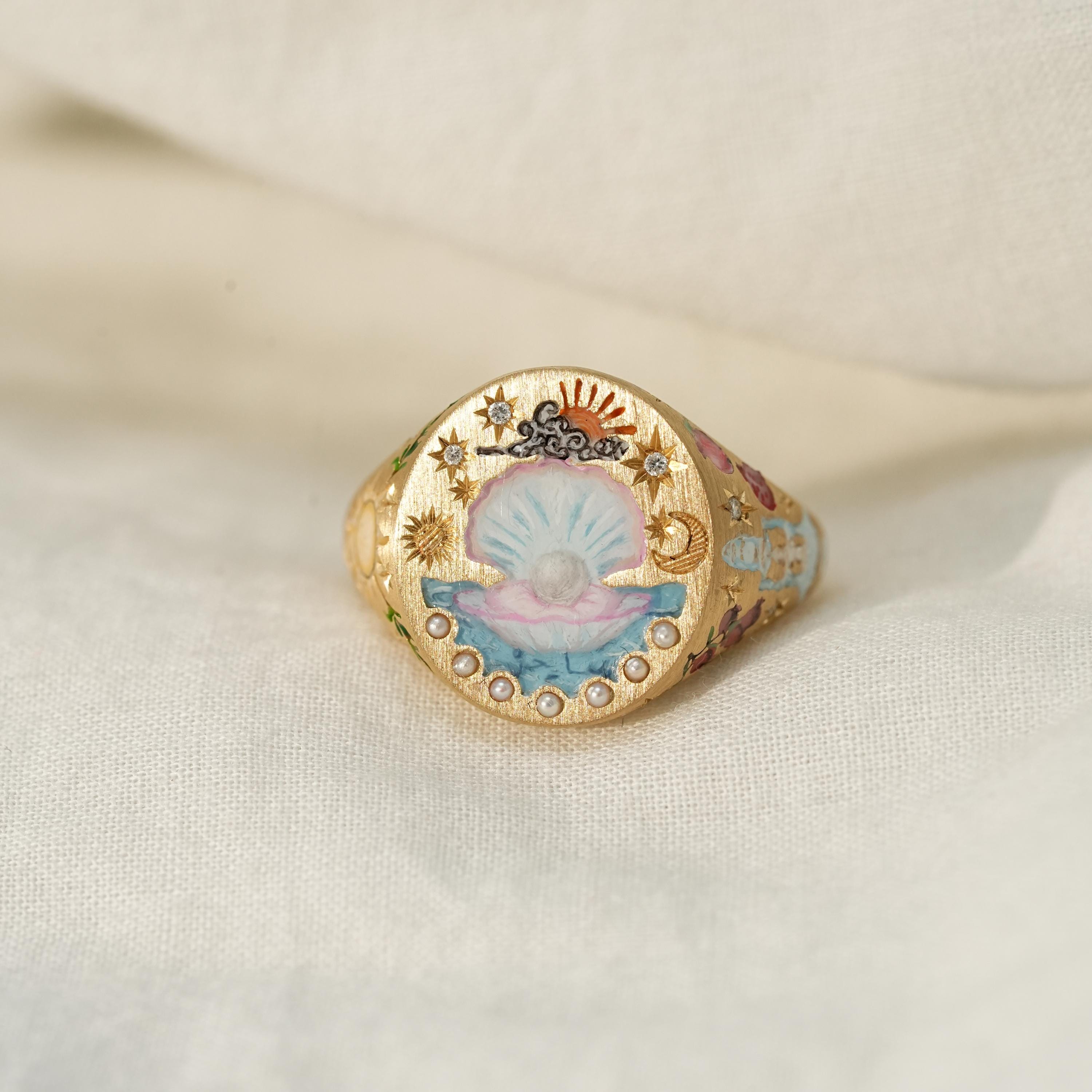 Clam Rinbg Custom Clam Signet Ring, Oyster Enamel Ring, Hand Painted Jewelry, Pet ...