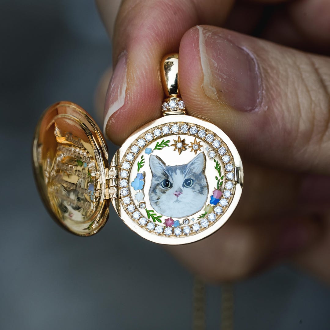 Vintage Pet Locket Necklace, Cat Enamel Necklace, Pet Memorial ...