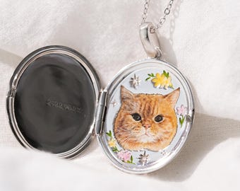 Vintage Haustier Medaillon Halskette, Katze Emaille Schmuck, Katze Geschenk, Haustier-Denkmal, Geschenk für Tierliebhaber