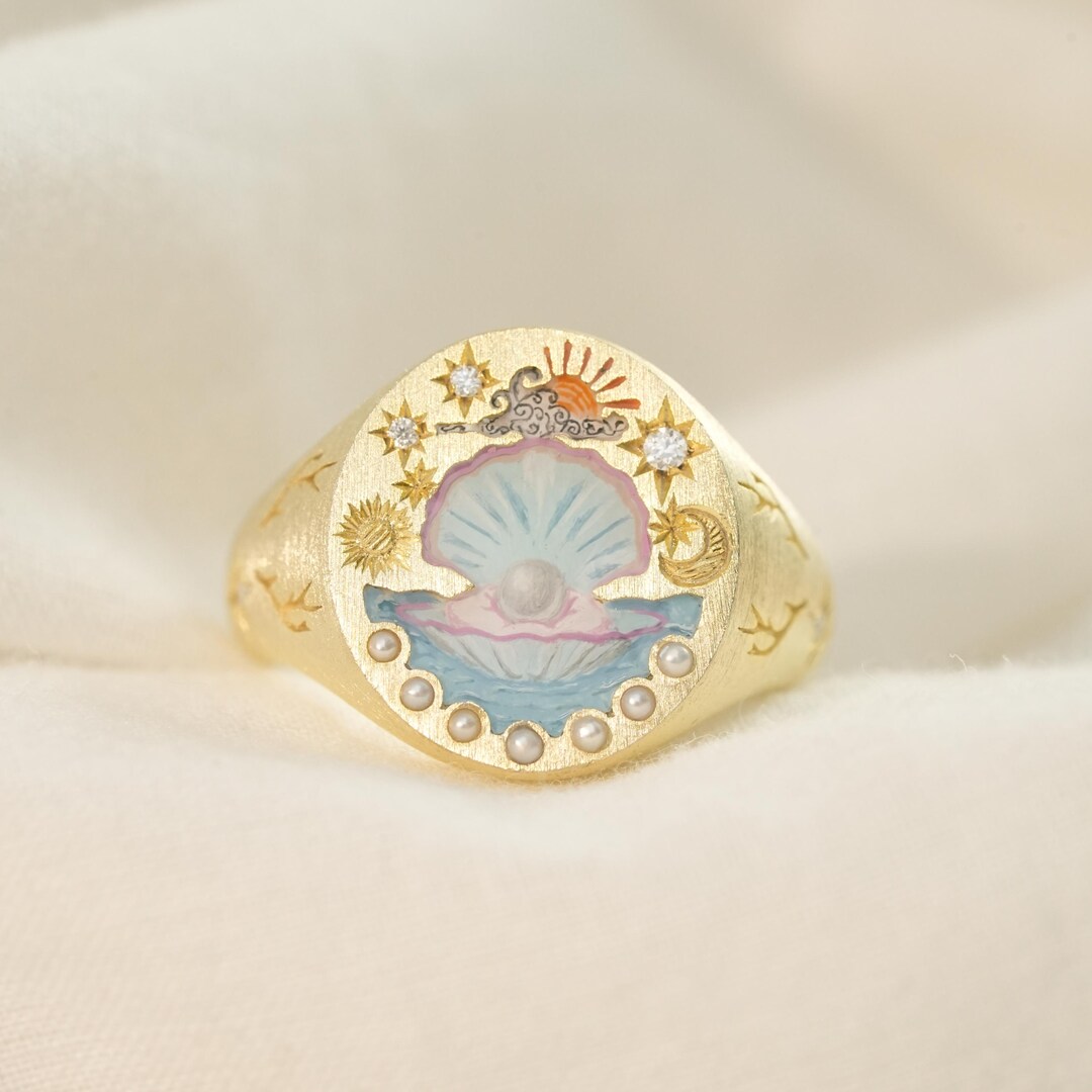 Custom Clam Enamel Ring, Shell Memorial Ring, Hand Painted Jewelry ...