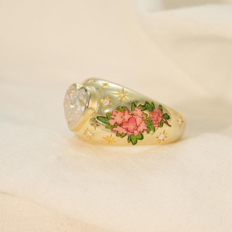 Custom Birth Flower Ring, Flower Enamel Ring, Hand Painted Jewelry For ...