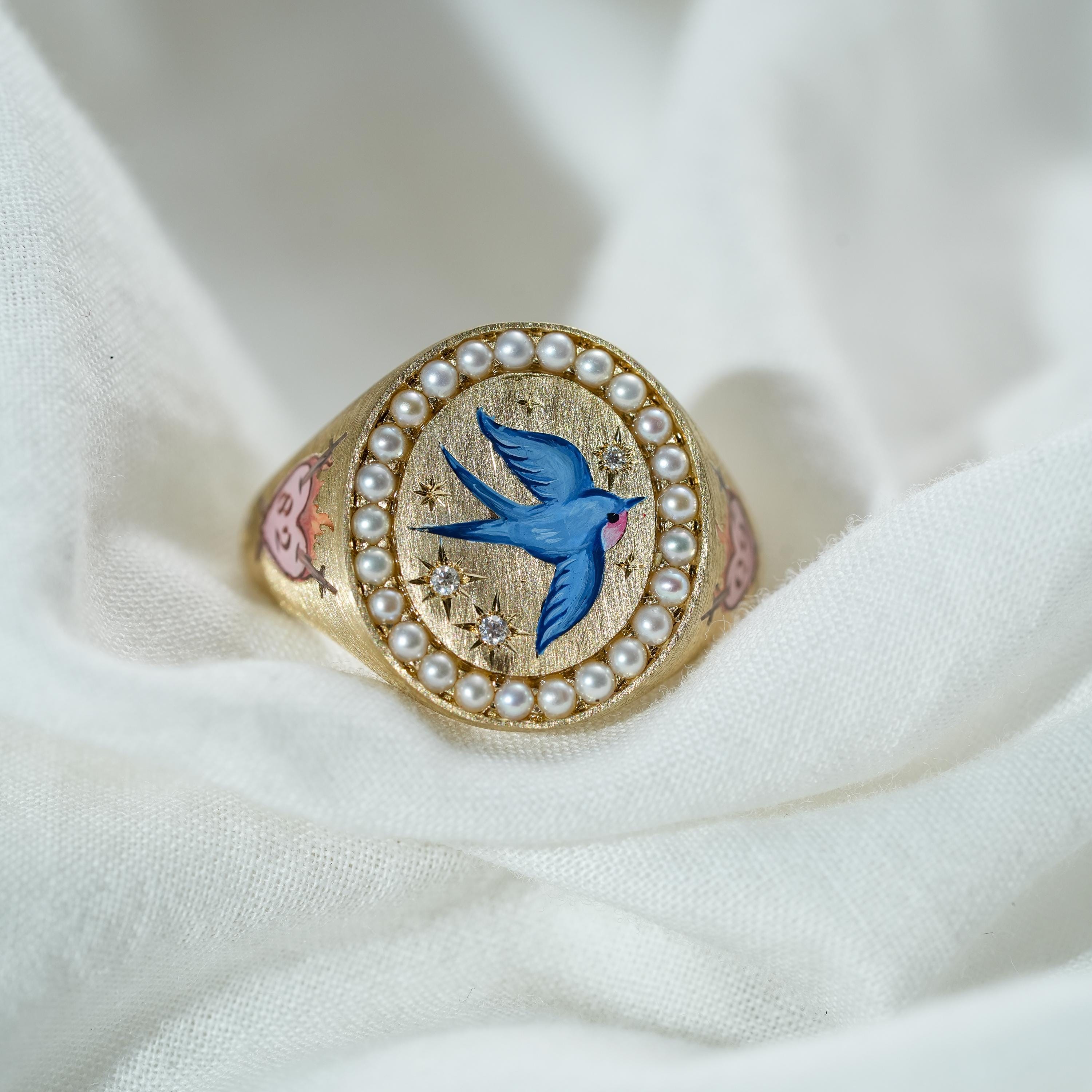 Custom Blue Bird Enamel Ring, Hand Painted Jewelry, Natural Pearl Ring ...
