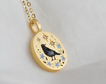 Custom Raven Enamel Necklace, Bird Photo Necklace, Raven Enamel Gift, Handmade Jewelry For Women, Personalized Gift