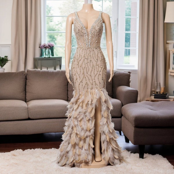 Gorgeous Feathers Champagne Prom Dress, Luxury Rhinestones Sequins Mermaid Prom Gown, Sexy Deep V Neck Wedding Party Dress with Slit