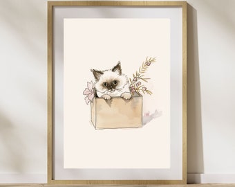 Birman Cat, Himalayan Kitten, Home Decor, Cats Wall Art, Kitten Nursery Decor, Cat with Flowers Art, Digital Print, Poster, Instant Download