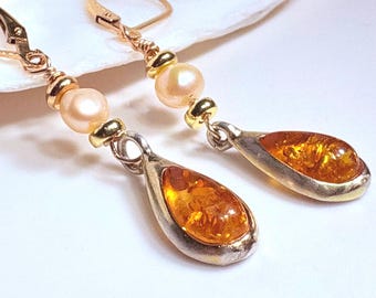 Baltic Amber Drop Earrings: Handmade Pearl and Gold Vermeil Gemstone Jewelry