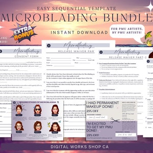 May include: A digital download bundle for PMU artists, including a consent form, release waiver, pre and post procedure instructions, and post procedure care instructions. The bundle includes a pink and purple background with stars and a cartoon woman with a wink. The text "Microblading Bundle" is in a large font at the top of the image.