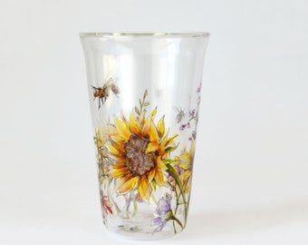 Hand Painted Glass Travel Mug, engagement, baby shower gift - Hand Painted Glass Travel Mug - Bees, Sunflowers and wildflowers