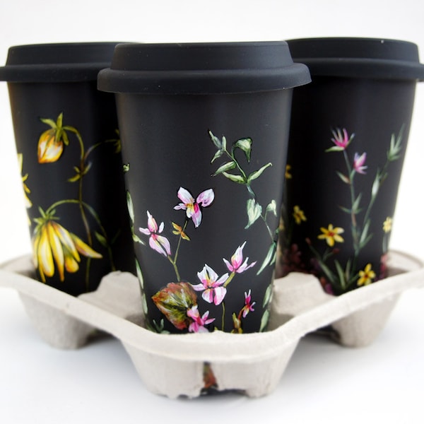 Custom Botanical Painting on Black Ceramic Eco Friendly Travel Mug