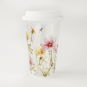 Ready-to-ship Botanical Double wall Glass Travel Mug | Cosmo Flowers - Botanical Collection
