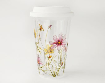 Double wall Glass Travel Mug | Cosmo Flowers - Botanical Collection