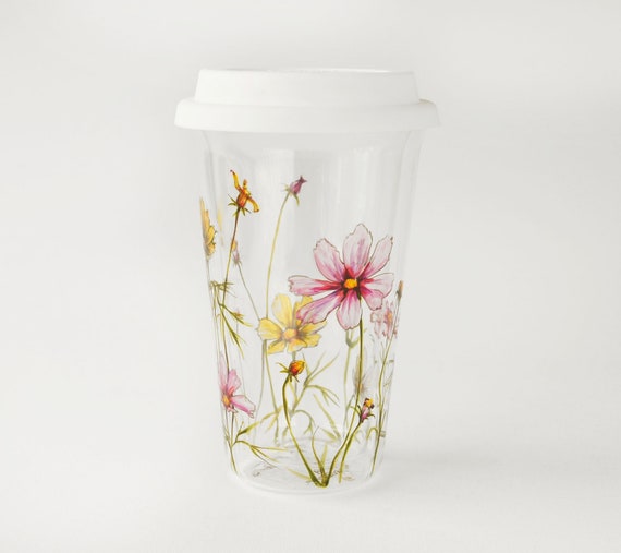 Double Wall Glass Travel Mug Cosmo Flowers Botanical Etsy