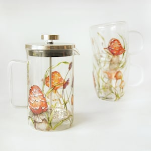 Hand Painted French Press with 2 mugs  - Mushrooms and Grass | Botanical Collection