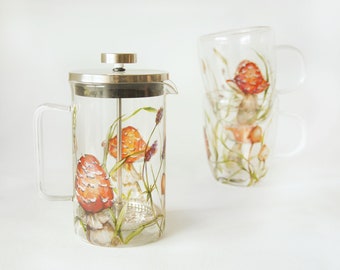 Hand Painted French Press with 2 mugs  - Mushrooms and Grass | Botanical Collection