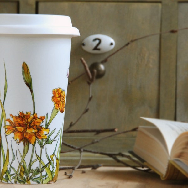 Ceramic Eco-Friendly Coffee Mug - Buds and Marigolds, Botanical  Collection - made to order