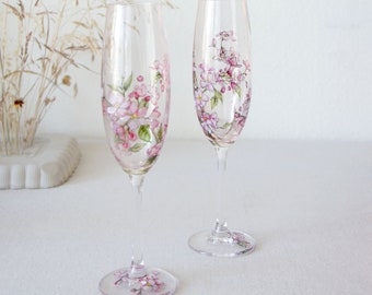 Wedding Toast Set Champagne Flutes, Wedding Anniversary Gift - Apple Blossoms