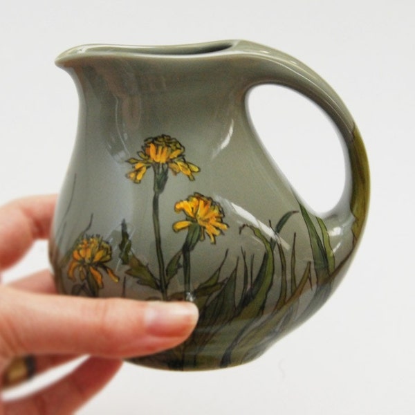 hand painted green creamer - Grass Fields and Marigolds