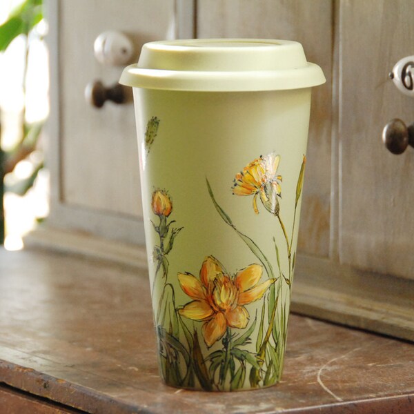 12 oz Eco-friendly ceramic travel mug - limited edition - Grass Fields Buds and Blooms