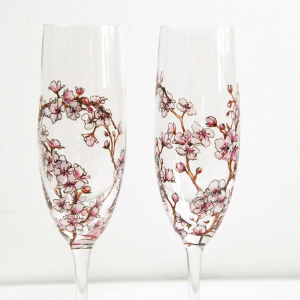Glass Champagne Flutes, Set of 2 - Cherry Blossoms Collection
