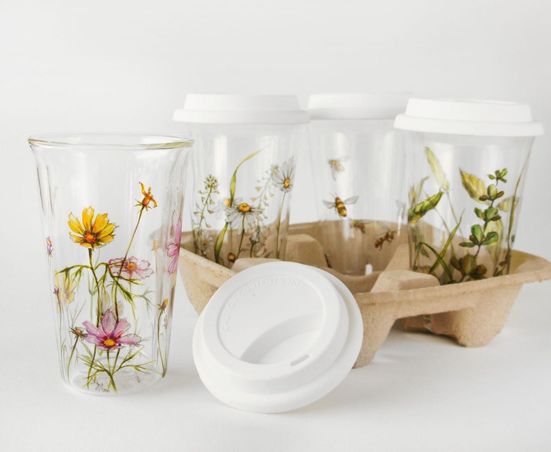 Custom Botanical Painting on Glass Eco Friendly Travel Mug image 1