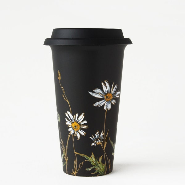 Black Ceramic Travel Mug | White & Gold Daisies - Botanical Collection | Ready to Ship