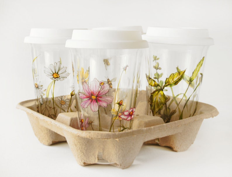 Custom Botanical Painting on Glass Eco Friendly Travel Mug image 3