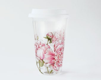 Hand Painted Glass Travel Mug, engagement, baby shower gift - Peonies Design