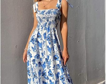 Elegant Lace Stitching Dress Women Summer Casual Floral Print Hollow Beach Long Dress Fashion White Irregular Dresses New