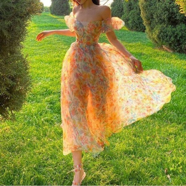 Women's Floral Long Dress Puff Sleeves First Love Summer Dresses Cool and Breathable Bare Shoulder Trendy Fashion 2024