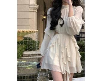 Beach Style Chiffon Y2K Mini Dress Office Lady Casual Long Sleeve Elegant One Piece Dress Korean Fashion Clothing Summer