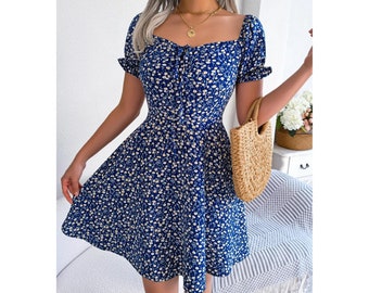 Women Casual Ruffles Short Sleeve Floral Print A Line Dress Solid Color Female Dress Bright Color Country Skirt Foral print