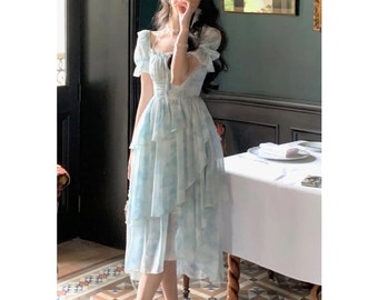 Chiffon Print Midi Dress for Women New Summer Elegant Party Blue Floral Holiday Vintage Female Clothes
