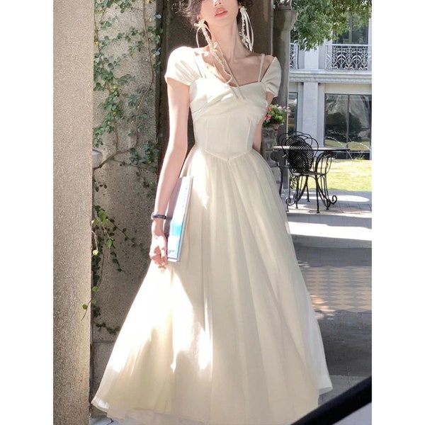 Pure Color French Elegant Dress Office Lady Summer Short Sleeve Fairy Long Dress Casual Fashion Evening Party Dress Woman