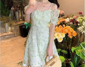 Floral Embroidery Dresses Female French Temperament Light Green Mini Dress Women Summer Sweet Fresh Puff Sleeve Dress