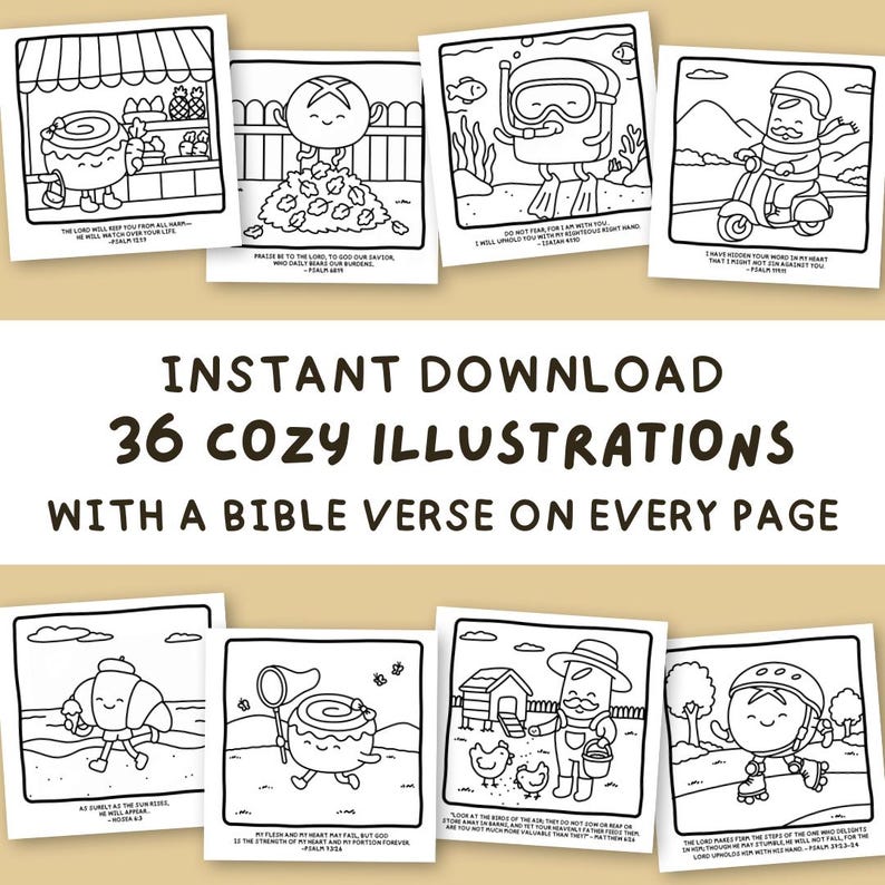 May include: Instant download of 36 cozy illustrations with a Bible verse on every page. The black and white drawings feature various characters and scenes, perfect for coloring. The text on the image reads: "Instant Download 36 Cozy Illustrations With A Bible Verse On Every Page."