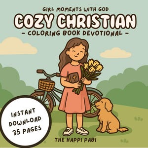 May include: Illustration of a girl holding a book and flowers, with a bicycle and dog in the background. Text reads "COZY CHRISTIAN - COLORING BOOK DEVOTIONAL" and "INSTANT DOWNLOAD 35 PAGES". The image has a soft, cartoon style.