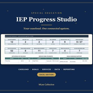 May include: A digital dashboard titled IEP Progress Studio for special education caseload management. The interface displays data tables with metrics for active students, IEPs, goals, and service risks, featuring an Excel Edition button at the bottom.