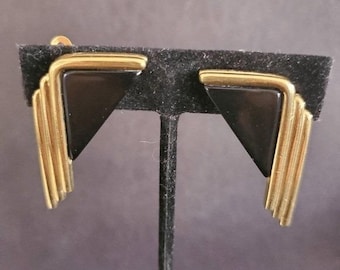 Givenchy Vintage Art Deco Geometric Gold Tone Black Enamel Clip On Earrings