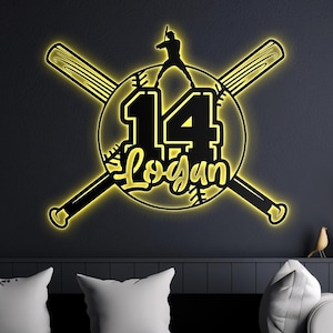 Arte de pared de metal de béisbol personalizado, luz LED, letrero con nombre de jugador de softbol personalizado, decoración del hogar, decoración de guardería infantil, regalos de cumpleaños y Navidad