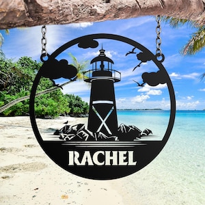 Personalized Lighthouse Sign, Custom Lighthouse Name Sign, Beach House Decor,Harbor Sign,Lighthouse Metal Wall Art, Lighthouse Coastal Decor