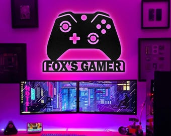 Game Controller Metall Wand Kunst LED Licht, Gamer Namensschild, Spielzimmer Dekor, Gaming Home Decor, Videospiel Kunst, Weihnachten Geburtstagsgeschenk für Gamer