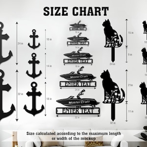 May include: A black metal wall art size chart featuring silhouettes of anchors, speedboats with the text MasterCraft and ENTER TEXT, and cats with floral patterns. The chart displays various dimensions in inches for each item, ranging from 7 to 32 inches.