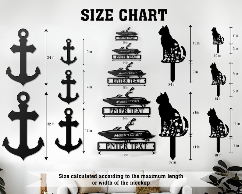 May include: A black metal wall art size chart featuring silhouettes of anchors, speedboats with the text MasterCraft and ENTER TEXT, and cats with floral patterns. The chart displays various dimensions in inches for each item, ranging from 7 to 32 inches.