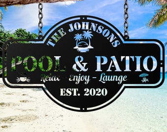 Letrero metálico personalizado para piscina, oasis en el patio, decoración de patio, casa del lago, decoración de pared exterior, letreros de piscina para regalo de exteriores.