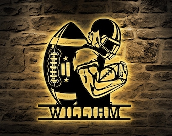 Custom American Football Metal Sign with LED Light, Football Player Name Sign, Football Coach Gift, Boys Room Decor, Sport Room Wall Hanging
