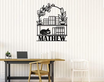 Gepersonaliseerde boeken Lovers Cat teken, bord boekenplank, aangepast bibliotheekbord, bord boekenwurm, decor boekenclub, leeszaalbord, boeken metalen muurkunst