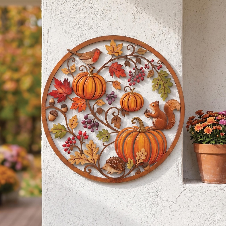 May include: A circular metal wall art piece featuring a seasonal autumn theme. The design includes three orange pumpkins, a brown squirrel, a small hedgehog, a robin, acorns, and colorful fall leaves with clusters of red and purple berries.
